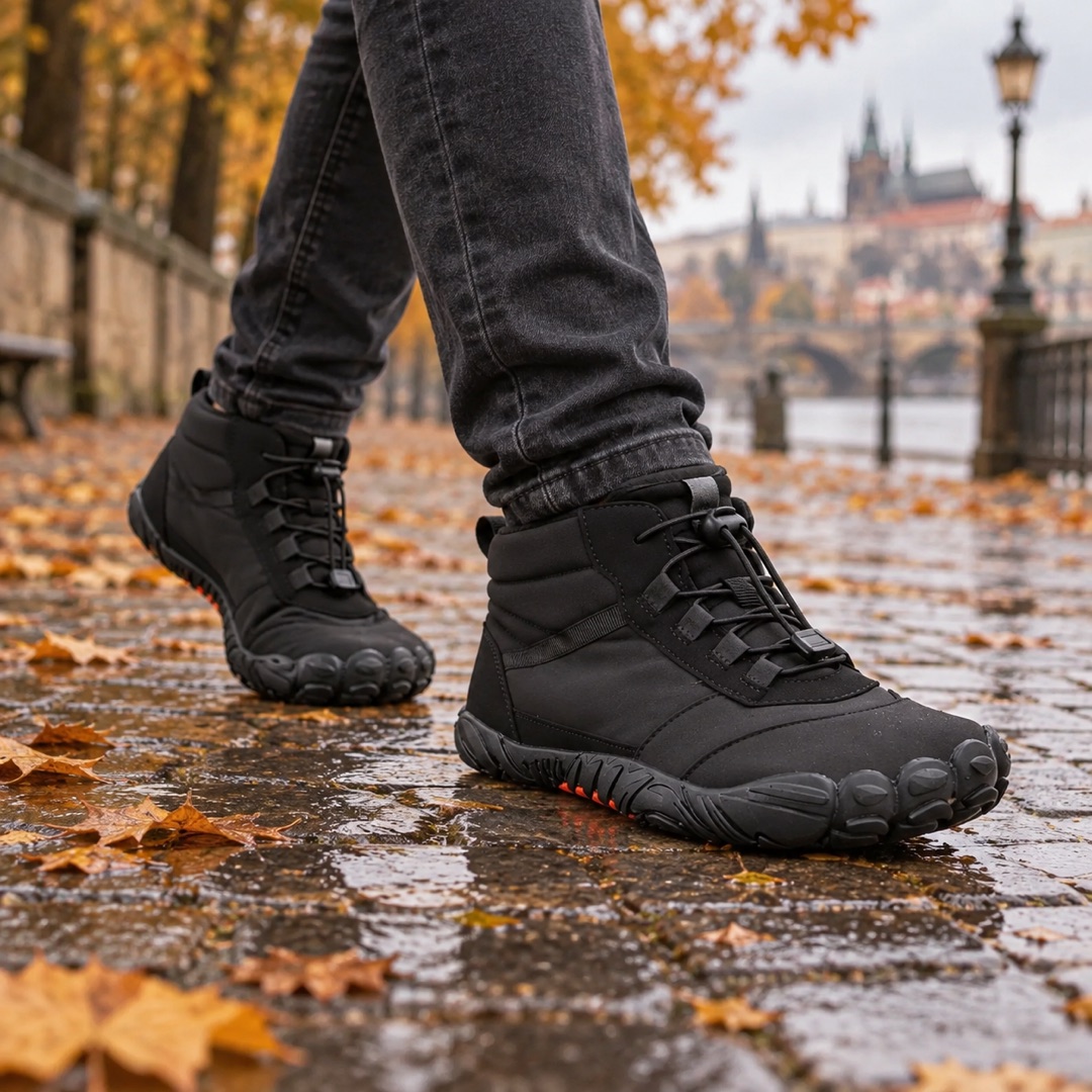 Črni Movo Pro med hojo po mokrih mestnih tlakovcih